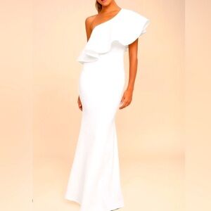 Lulu's White One-Shoulder Ruffle Mermaid Gown